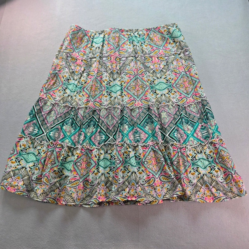 Style & Co Paisley Tiered Midi Skirt XL Cotton Teal Pink Orange Boho